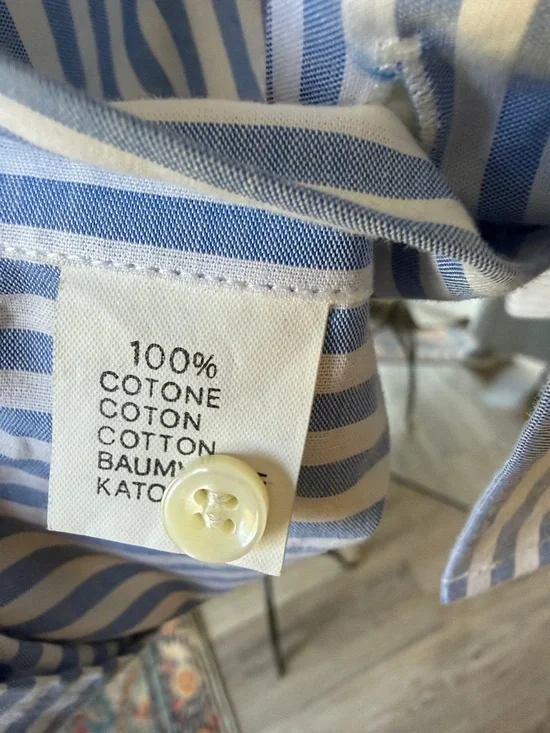 Camo Blue & White Striped Women's Button-Down Shirt - Picture 4 of 7